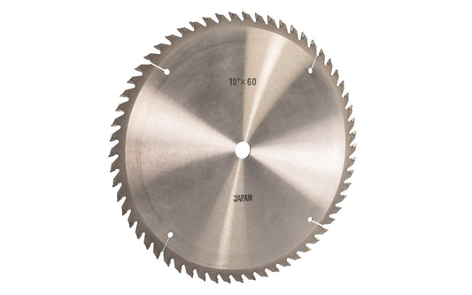 Japanese 10" thin kerf circular saw blade with carbide teeth made by Sanwa. 60 tooth saw blade for woodworking. Grind: ATB saw blade - Alternate Tooth Bevel style. 0.09" thin kerf. Sanwa model SB 1060. Made in Japan.