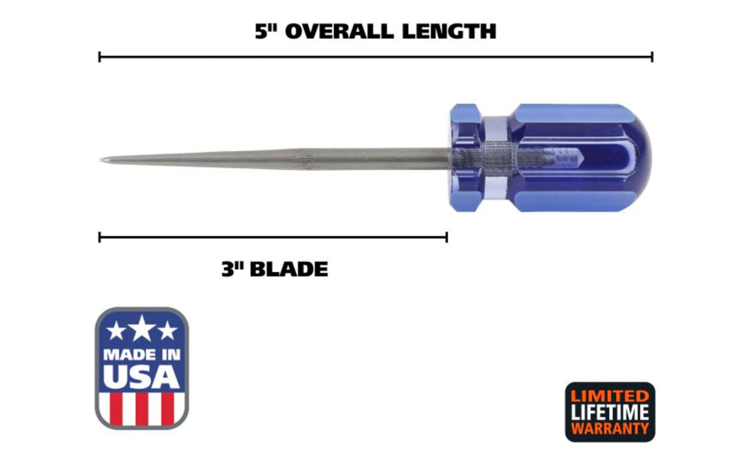 This GreatNeck 3" Scratch Awl is perfect for making quick precision marks on wood projects. Made of chrome vanadium steel for strength & durability, it is set in a quality acetate handle for maximum comfort & control. Great Neck Model SC3C. Made in USA.