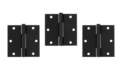 3-1/2" x 3-1/2" size  "Squeak Guard" Door Hinges - 3 Pack. Enables doors to pivot on one edge as they silently open & close. Matte black finish on steel material. Square corners. Removable pin. National Hardware Model No. N830-445.
