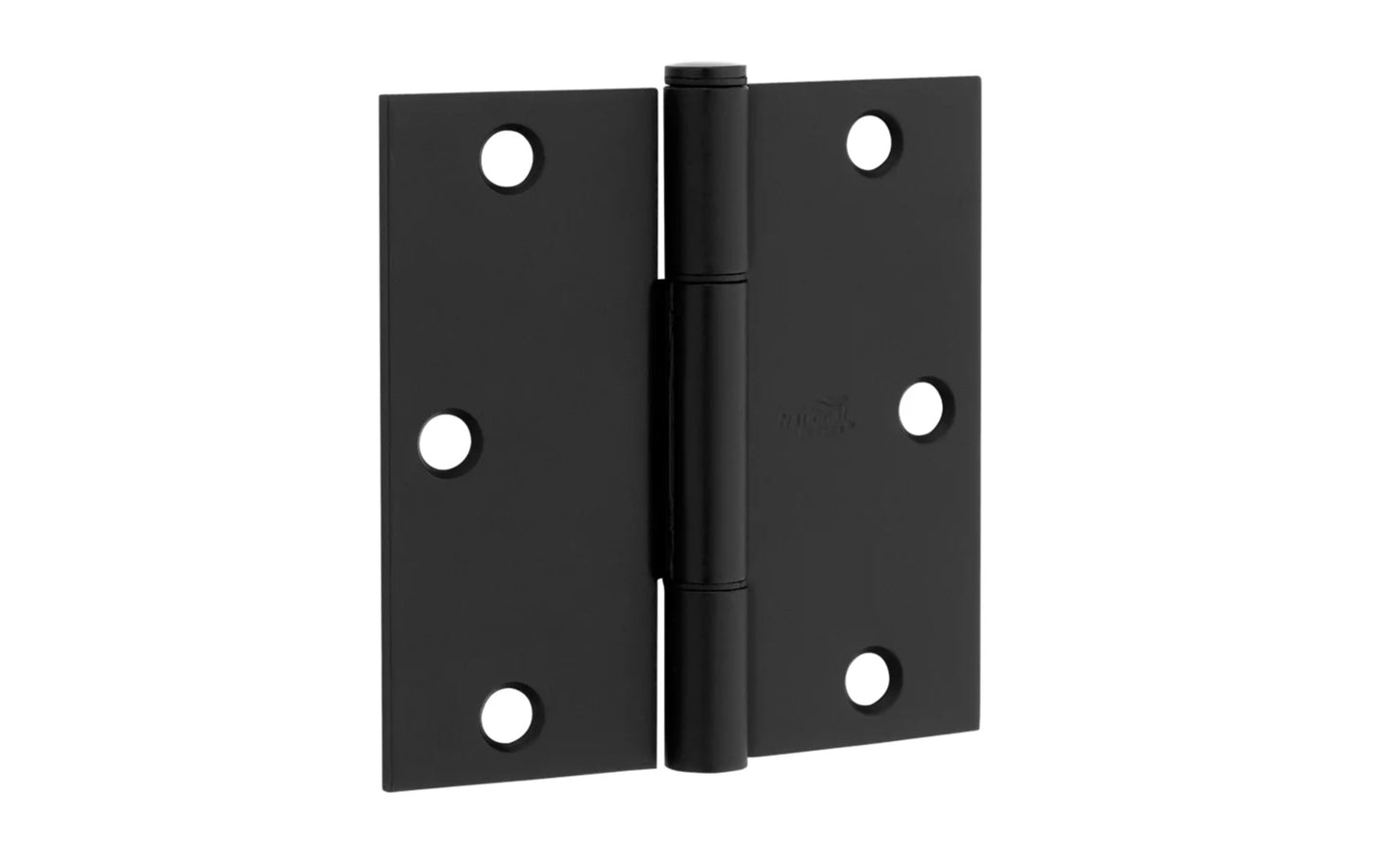 3-1/2" x 3-1/2" size  "Squeak Guard" Door Hinges - 3 Pack. Enables doors to pivot on one edge as they silently open & close. Matte black finish on steel material. Square corners. Removable pin. National Hardware Model No. N830-445.