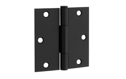 3-1/2" x 3-1/2" size  "Squeak Guard" Door Hinges - 3 Pack. Enables doors to pivot on one edge as they silently open & close. Matte black finish on steel material. Square corners. Removable pin. National Hardware Model No. N830-445.