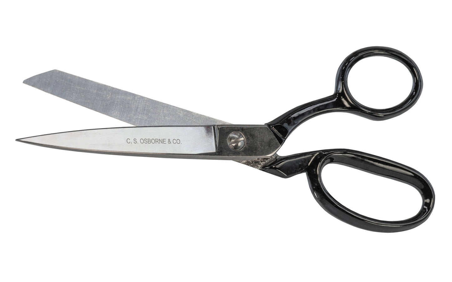 American-made bent trimmer shears scissors made by C.S. Osborne. Forged steel with polished blades. 8" length. Black enameled handles. Model 164. Made in USA.