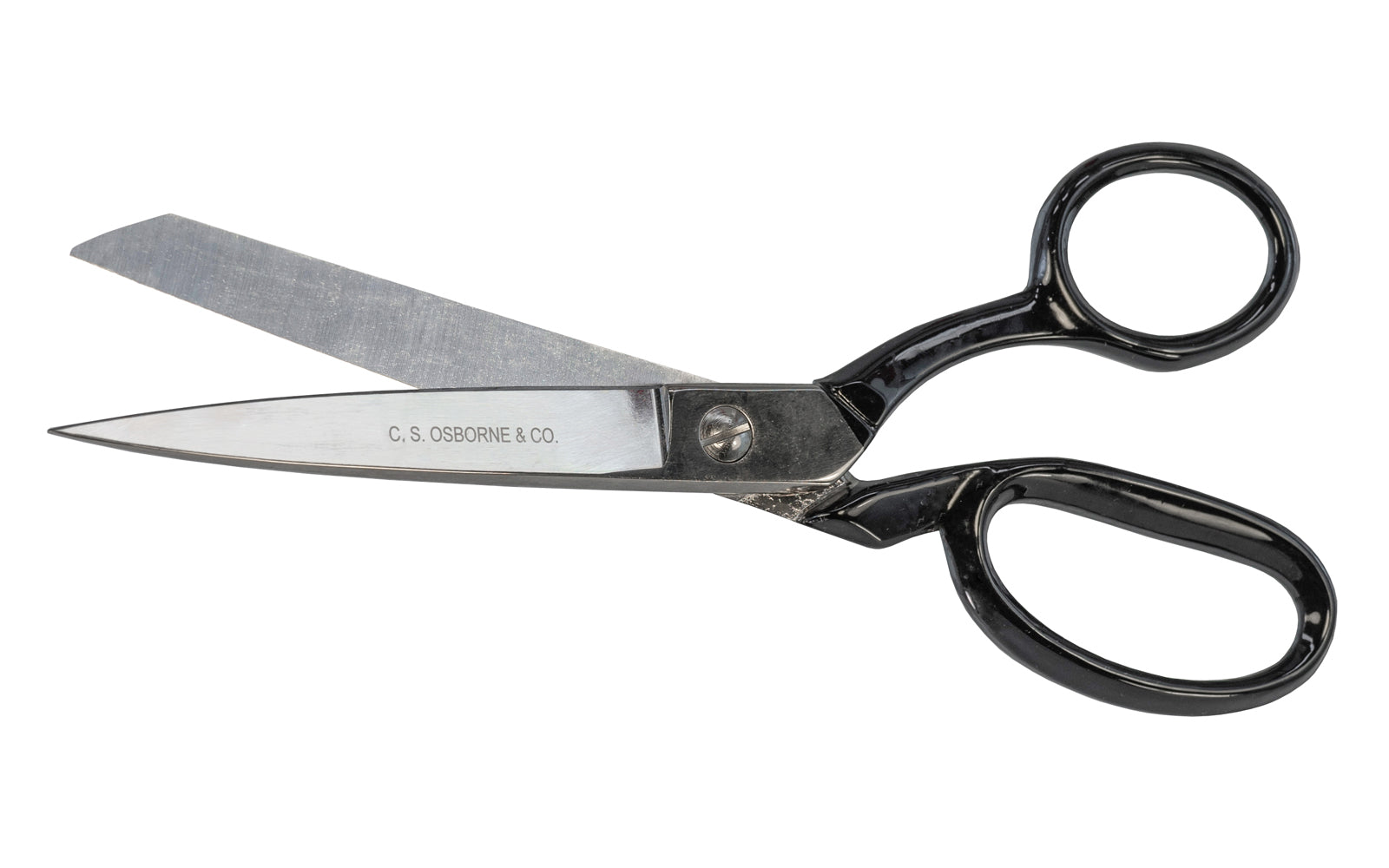 American-made bent trimmer shears scissors made by C.S. Osborne. Forged steel with polished blades. 8" length. Black enameled handles. Model 164. Made in USA.