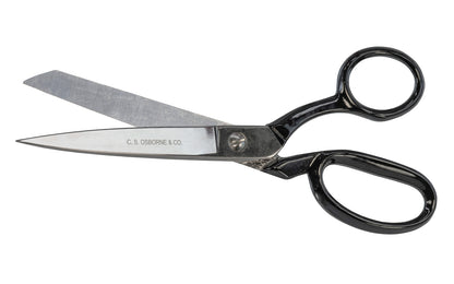 American-made bent trimmer shears scissors made by C.S. Osborne. Forged steel with polished blades. 8" length. Black enameled handles. Model 164. Made in USA.
