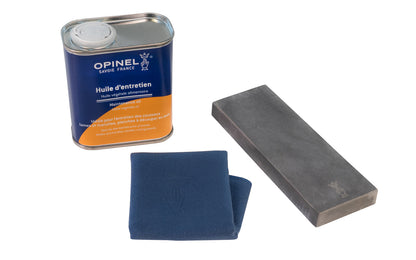 Made in France · This Opinel Maintenance contains a sharpening stone, a 5 oz can of plant-based oil, & a microfiber cloth all used in tandem to maintain and prolong the life of your Opinel knife. 