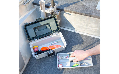 13" Tackle / Toolbox. This tackle box / small tool box is ideal for keeping your tackle & fishing gear, small tool parts organized. Overall size: 13" Long  x  6" High x 7-1/2" Wide. Water Resistant. 076812155221. Made in USA. Sheffield Model No. 12670.