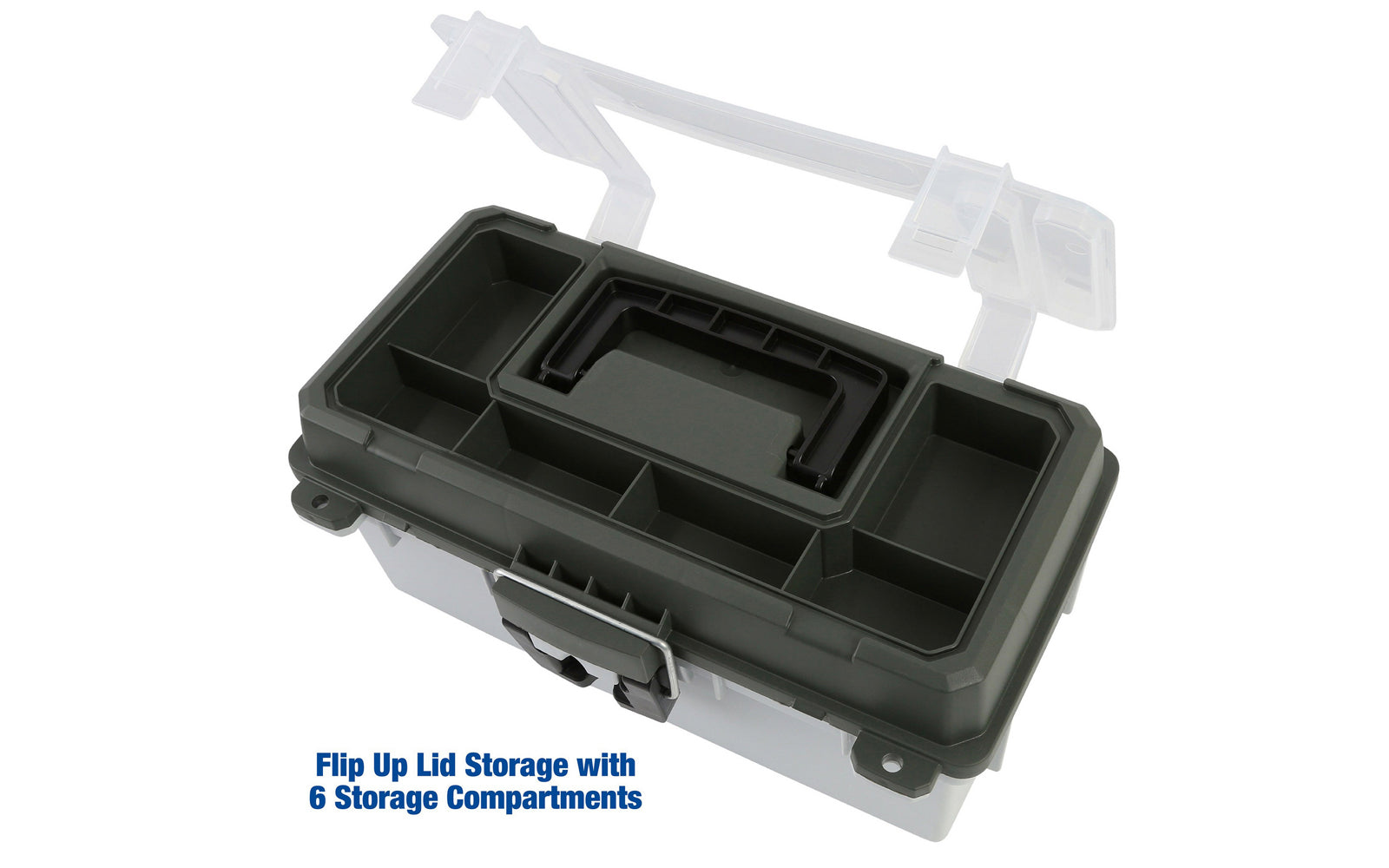 13" Tackle / Toolbox. This tackle box / small tool box is ideal for keeping your tackle & fishing gear, small tool parts organized. Overall size: 13" Long  x  6" High x 7-1/2" Wide. Water Resistant. 076812155221. Made in USA. Sheffield Model No. 12670.