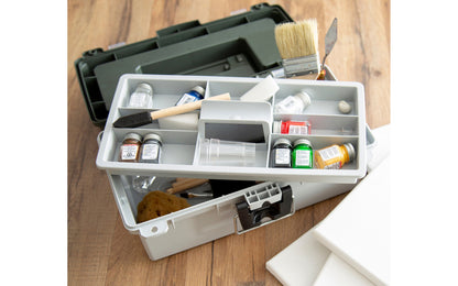 13" Tackle / Toolbox. This tackle box / small tool box is ideal for keeping your tackle & fishing gear, small tool parts organized. Overall size: 13" Long  x  6" High x 7-1/2" Wide. Water Resistant. 076812155221. Made in USA. Sheffield Model No. 12670.