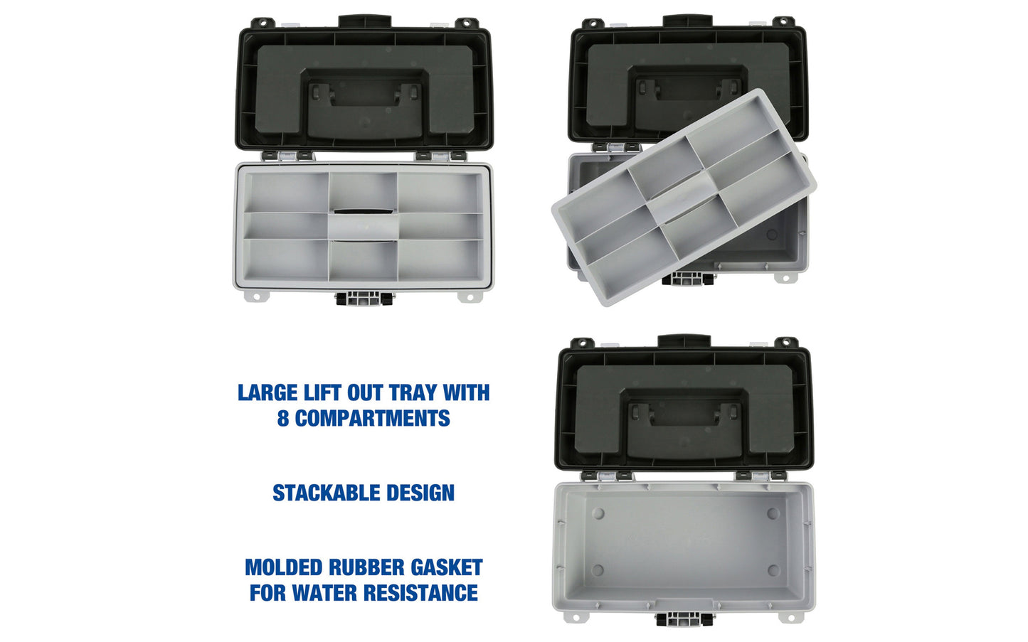 13" Tackle / Toolbox. This tackle box / small tool box is ideal for keeping your tackle & fishing gear, small tool parts organized. Overall size: 13" Long  x  6" High x 7-1/2" Wide. Water Resistant. 076812155221. Made in USA. Sheffield Model No. 12670.