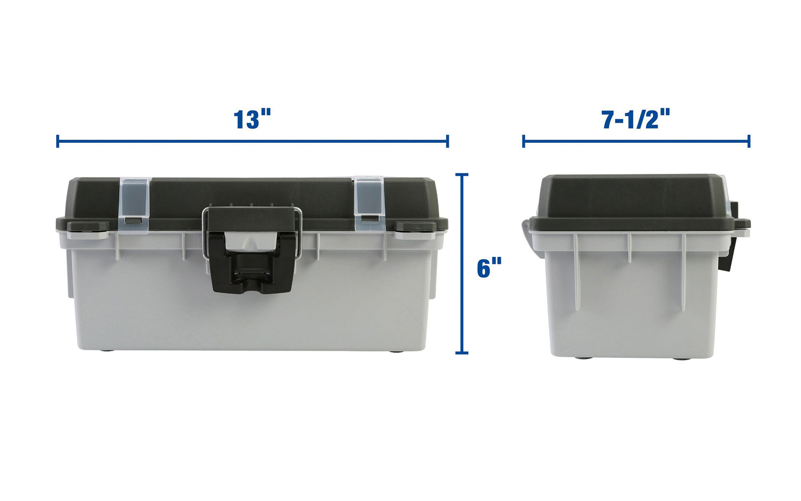 13" Tackle / Toolbox. This tackle box / small tool box is ideal for keeping your tackle & fishing gear, small tool parts organized. Overall size: 13" Long  x  6" High x 7-1/2" Wide. Water Resistant. 076812155221. Made in USA. Sheffield Model No. 12670.