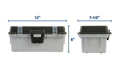 13" Tackle / Toolbox. This tackle box / small tool box is ideal for keeping your tackle & fishing gear, small tool parts organized. Overall size: 13" Long  x  6" High x 7-1/2" Wide. Water Resistant. 076812155221. Made in USA. Sheffield Model No. 12670.