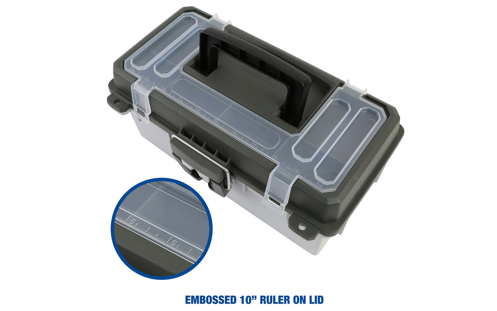 13" Tackle / Toolbox. This tackle box / small tool box is ideal for keeping your tackle & fishing gear, small tool parts organized. Overall size: 13" Long  x  6" High x 7-1/2" Wide. Water Resistant. 076812155221. Made in USA. Sheffield Model No. 12670.