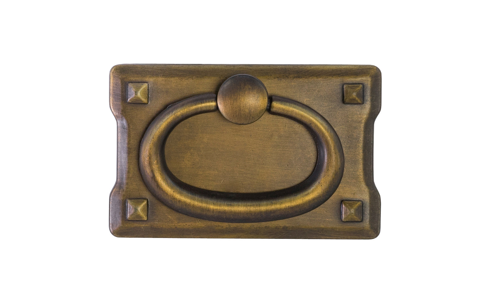 Vintage-style Hardware · Mission-Style Drop Pull ~ Smaller Size designed in the Mission / Arts & Crafts style of hardware. 1-3/4" high x 2-3/4" wide plate size. Antique Brass Finish.