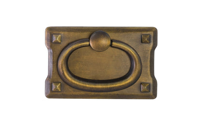 Vintage-style Hardware · Mission-Style Drop Pull ~ Smaller Size designed in the Mission / Arts & Crafts style of hardware. 1-3/4" high x 2-3/4" wide plate size. Antique Brass Finish.