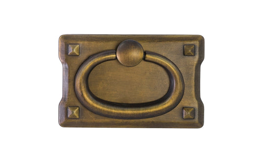 Vintage-style Hardware · Mission-Style Drop Pull ~ Smaller Size designed in the Mission / Arts & Crafts style of hardware. 1-3/4" high x 2-3/4" wide plate size. Antique Brass Finish.