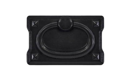 Vintage-style Hardware · Mission-Style Drop Pull ~ Smaller Size designed in the Mission / Arts & Crafts style of hardware. 1-3/4" high x 2-3/4" wide plate size. Flat Black Finish.