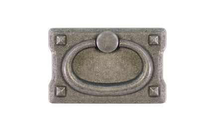 Vintage-style Hardware · Mission-Style Drop Pull ~ Smaller Size designed in the Mission / Arts & Crafts style of hardware. 1-3/4" high x 2-3/4" wide plate size. Pewter Finish.