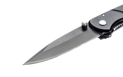 3-3/4" Pocket Knife with Aluminum Black Body. Stainless blade with a black finish. Belt clip attached to knife. 2-3/4" blade length. Includes sheath. Made by SE.
