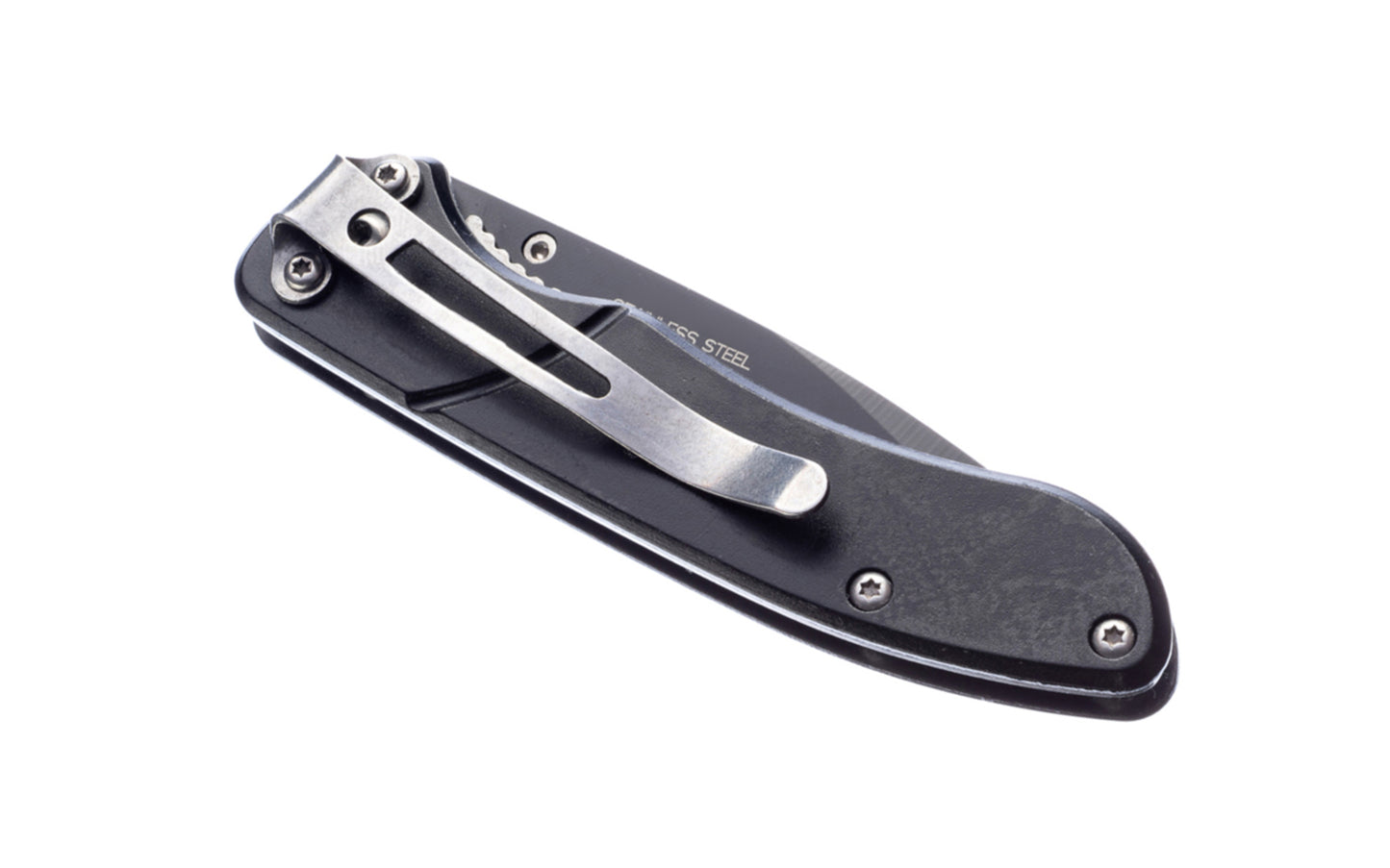 3-3/4" Pocket Knife with Aluminum Black Body. Stainless blade with a black finish. Belt clip attached to knife. 2-3/4" blade length. Includes sheath. Made by SE.