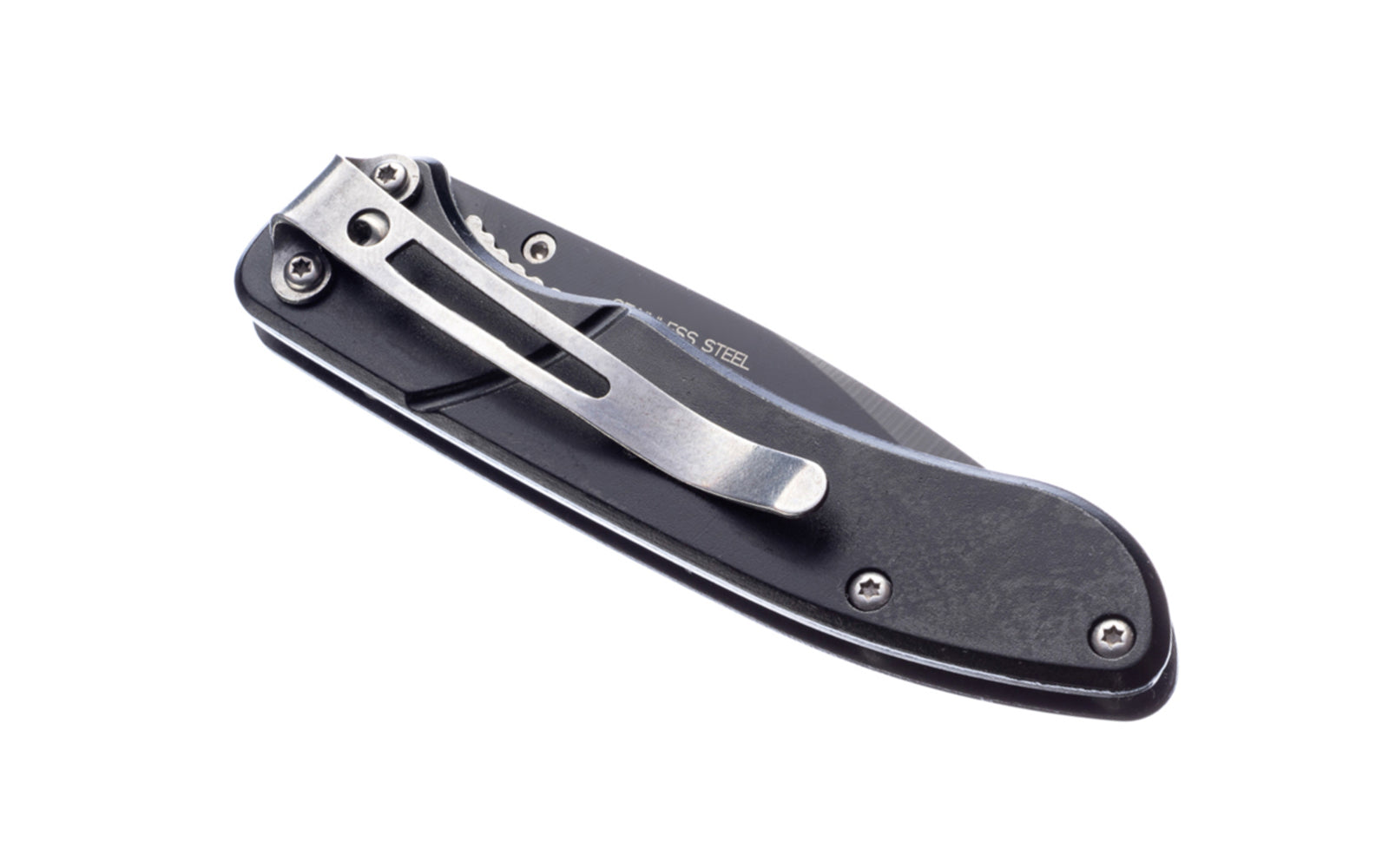 3-3/4" Pocket Knife with Aluminum Black Body. Stainless blade with a black finish. Belt clip attached to knife. 2-3/4" blade length. Includes sheath. Made by SE.