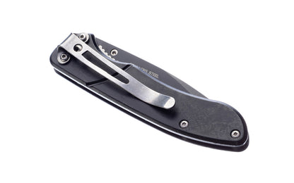 3-3/4" Pocket Knife with Aluminum Black Body. Stainless blade with a black finish. Belt clip attached to knife. 2-3/4" blade length. Includes sheath. Made by SE.