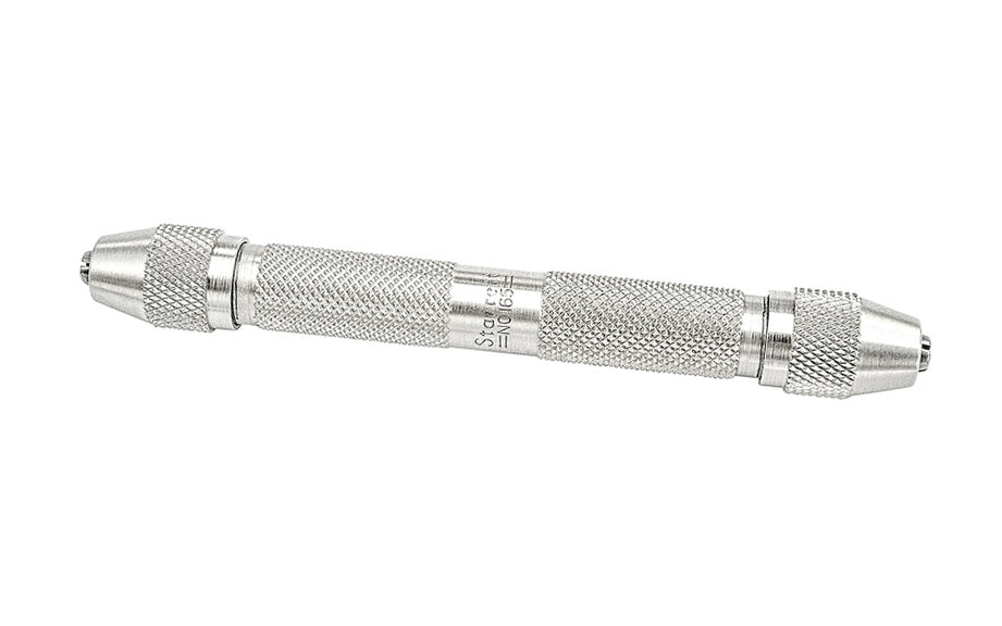 Starrett 165 Double-End Pin Vise. This Starrett 165 pin vises is useful for securely holding small stock, taps, drills, reamers, scribers, wire, small files, & other tools. The jaws are hardened & with a few turns of the binding nut, a firm grip may be obtained.  Made in USA.