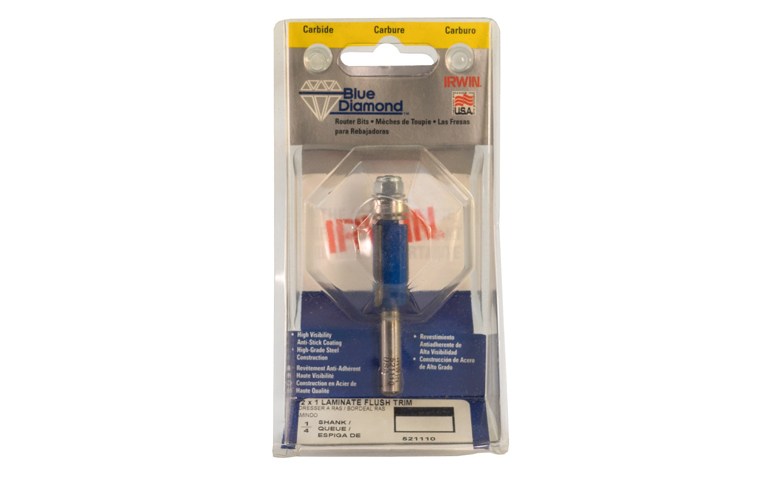 Irwin Carbide 1/2" x 1" Laminate Flush Trim Router Bit - Made in USA. High grade Steel construction Router Bit. 1" depth. 2-3/4" overall length. 1/4" shank. Irwin Blue Diamond Model No. 521110. Made in USA ~ 024721043054