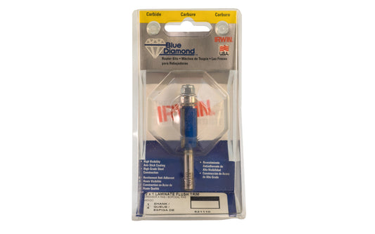 Irwin Carbide 1/2" x 1" Laminate Flush Trim Router Bit - Made in USA. High grade Steel construction Router Bit. 1" depth. 2-3/4" overall length. 1/4" shank. Irwin Blue Diamond Model No. 521110. Made in USA ~ 024721043054