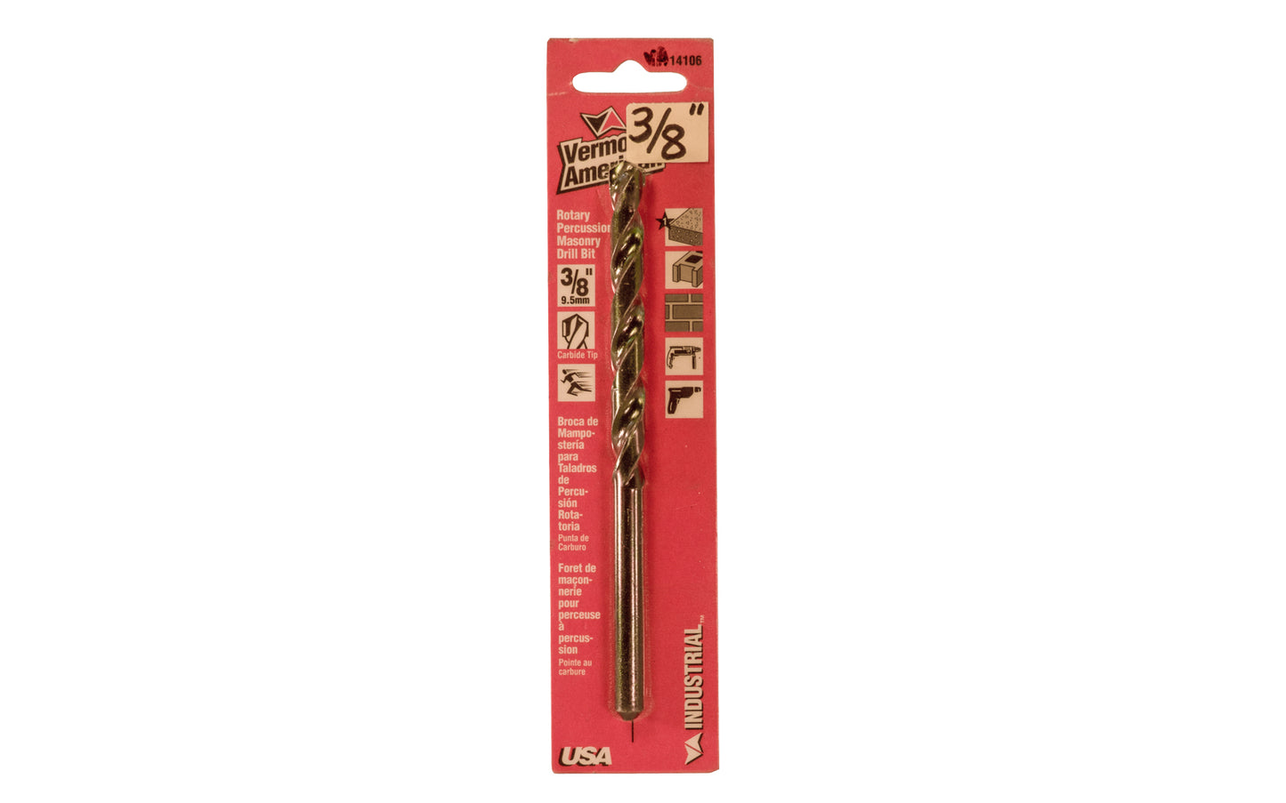Vermont American 3/8" x 5-3/4" Carbide Tip Rotary Percusssion Masonry Bit. Made in USA. Model 14106. 045325141069