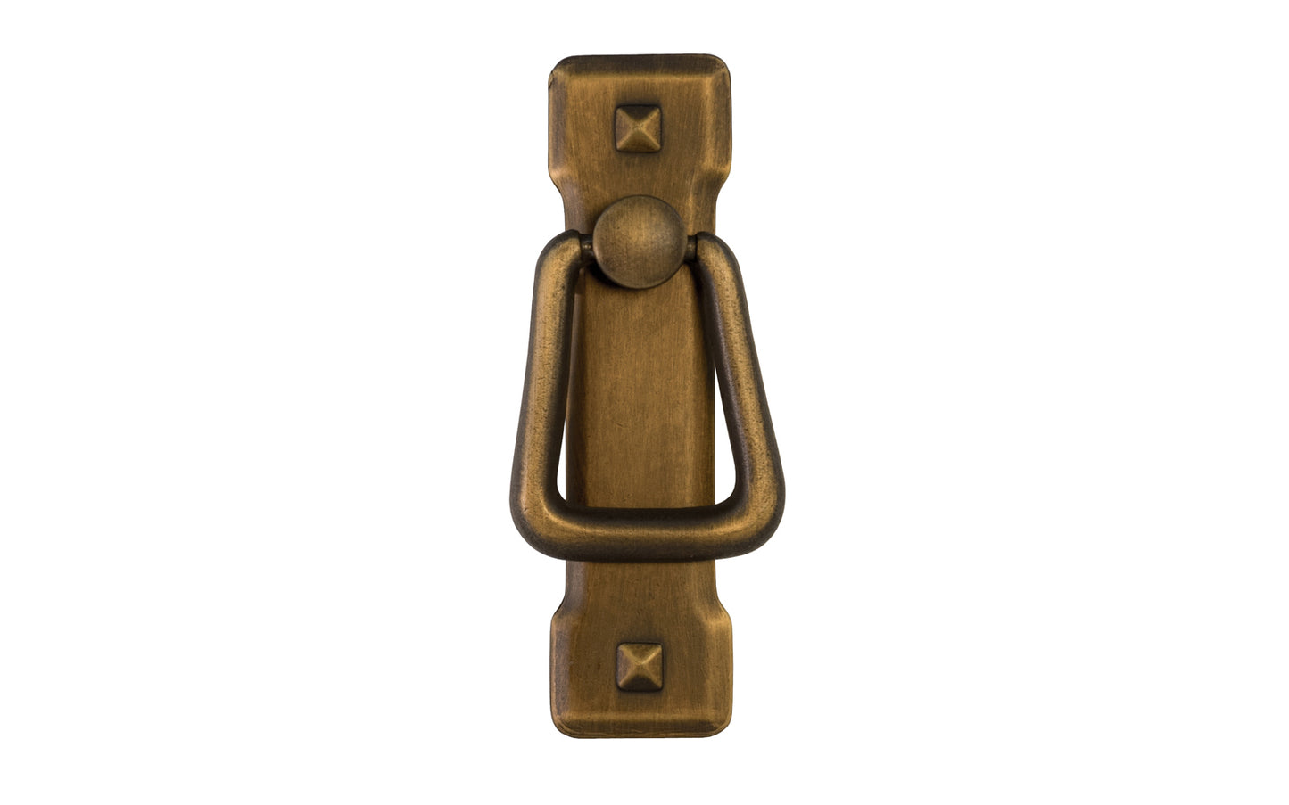 Vintage-style Hardware · Mission-Style Vertical Drop Pull designed in the Mission / Arts & Crafts style of hardware. 3-3/4" high x 1" wide plate size. Antique brass finish.