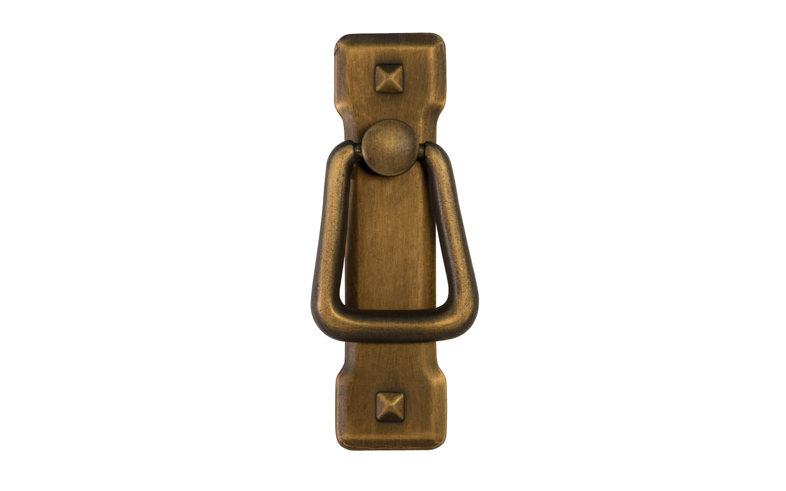 Vintage-style Hardware · Mission-Style Vertical Drop Pull designed in the Mission / Arts & Crafts style of hardware. 3-3/4" high x 1" wide plate size. Antique brass finish.