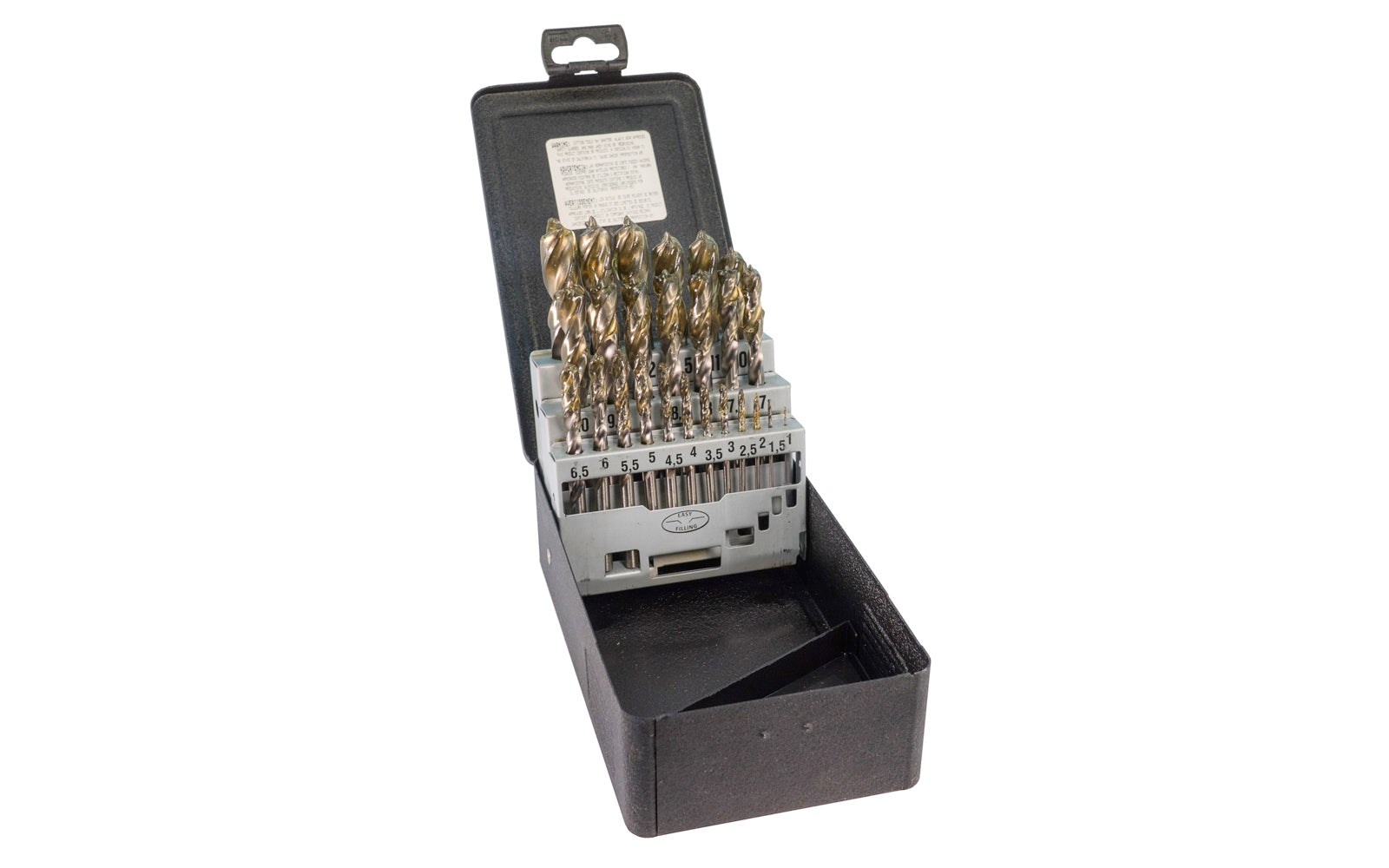 WL Fuller HSS Brad Point Drill Bit Set, Metric 23 PC. Sizes in set:  2mm, 2.5mm, 3mm, 3.5mm, 4mm, 4.5mm, 5mm, 5.5mm, 6mm, 6.5mm, 7mm, 7.5mm, 8mm, 8.5mm, 9mm, 9.5mm, 10mm, 10.5mm, 11mm, 11.5mm, 12mm, 12.5mm, 13mm drills. Made in USA. 281950023
