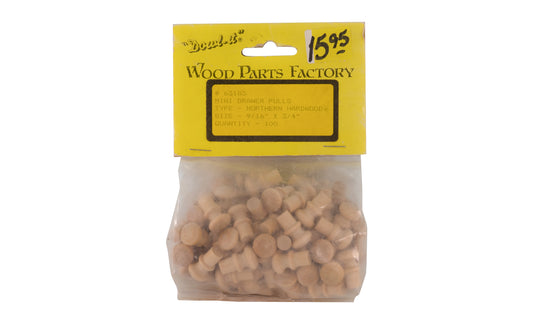 Mini Northern Hardwood Draw Pulls/Knobs - 100 Pack. 9/16" Diameter x 3/4" Length.  Made by Wood Parts Factory "Dowl-It". Model 63183