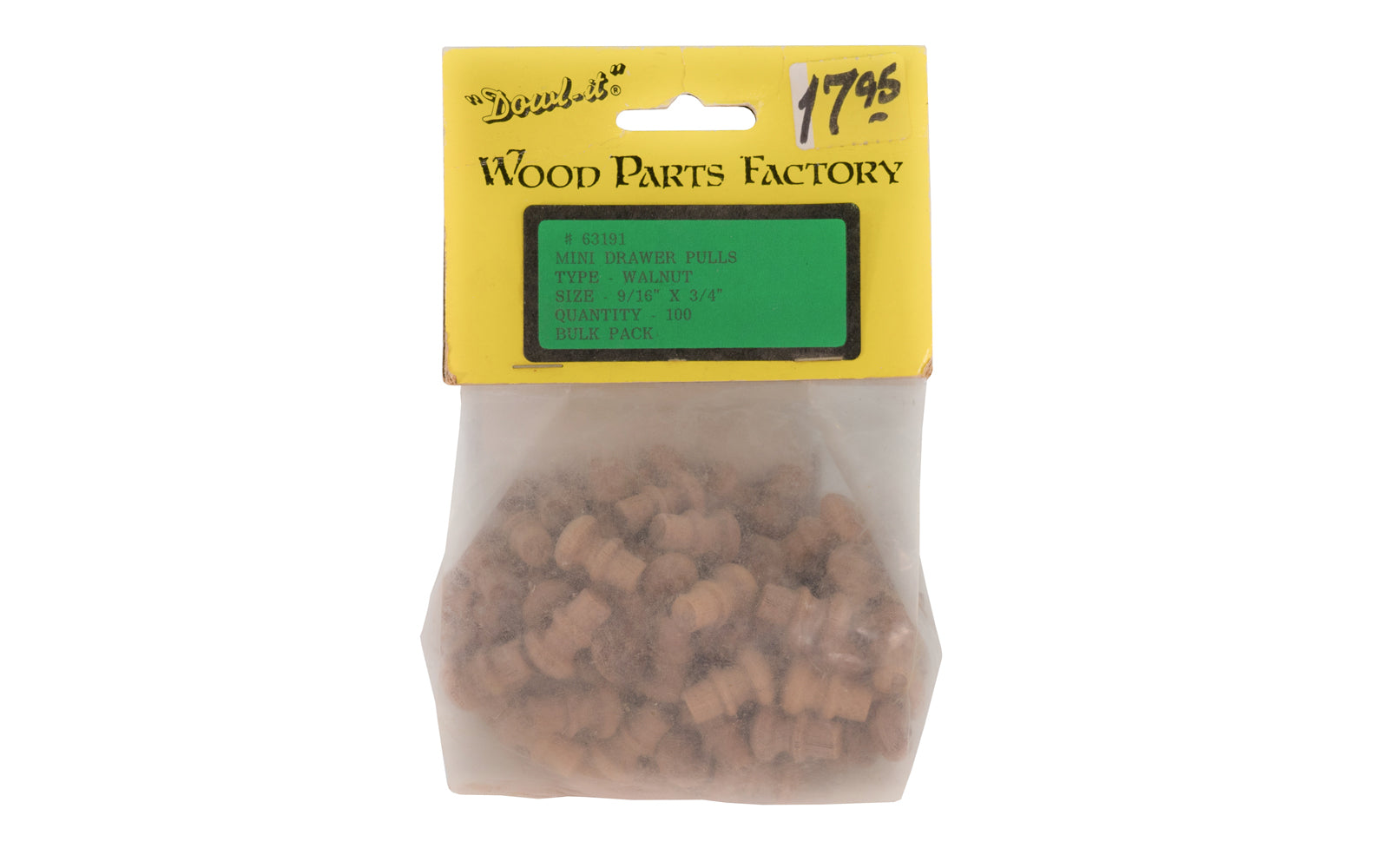 Mini Walnut Draw Pulls/Knobs - 100 Pack. 9/16" Diameter x 3/4" Length.  Made by Wood Parts Factory "Dowl-It". Model 63191