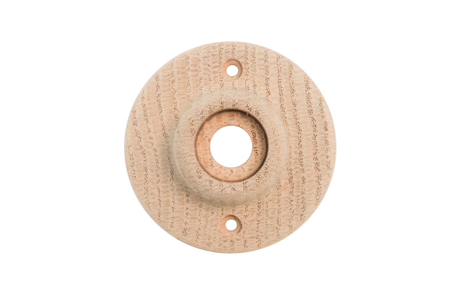 Vintage-style Hardware · Solid Oak Wood Rosette. Made of solid oak ~ 2-1/8" diameter doorknob rosette. For solid doors. 3/4" max inner hub diameter. Unfinished solid oak wood - May even be stained, painted, or varnished if desired. 