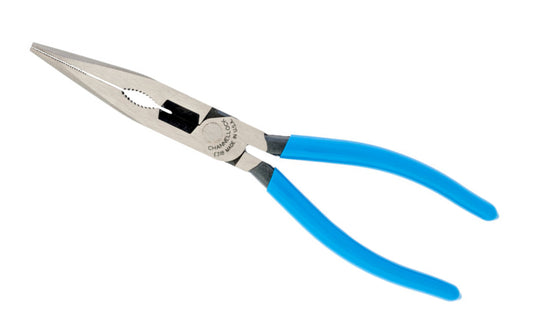 Channellock 8" Long Nose Pliers with Cutter. Model E318. Forged high carbon U.S. steel for maximum strength & durability is specially coated for rust prevention. Combination Long Nose Pliers design is sleek, lightweight & includes an additional pipe grip feature. Made in USA.