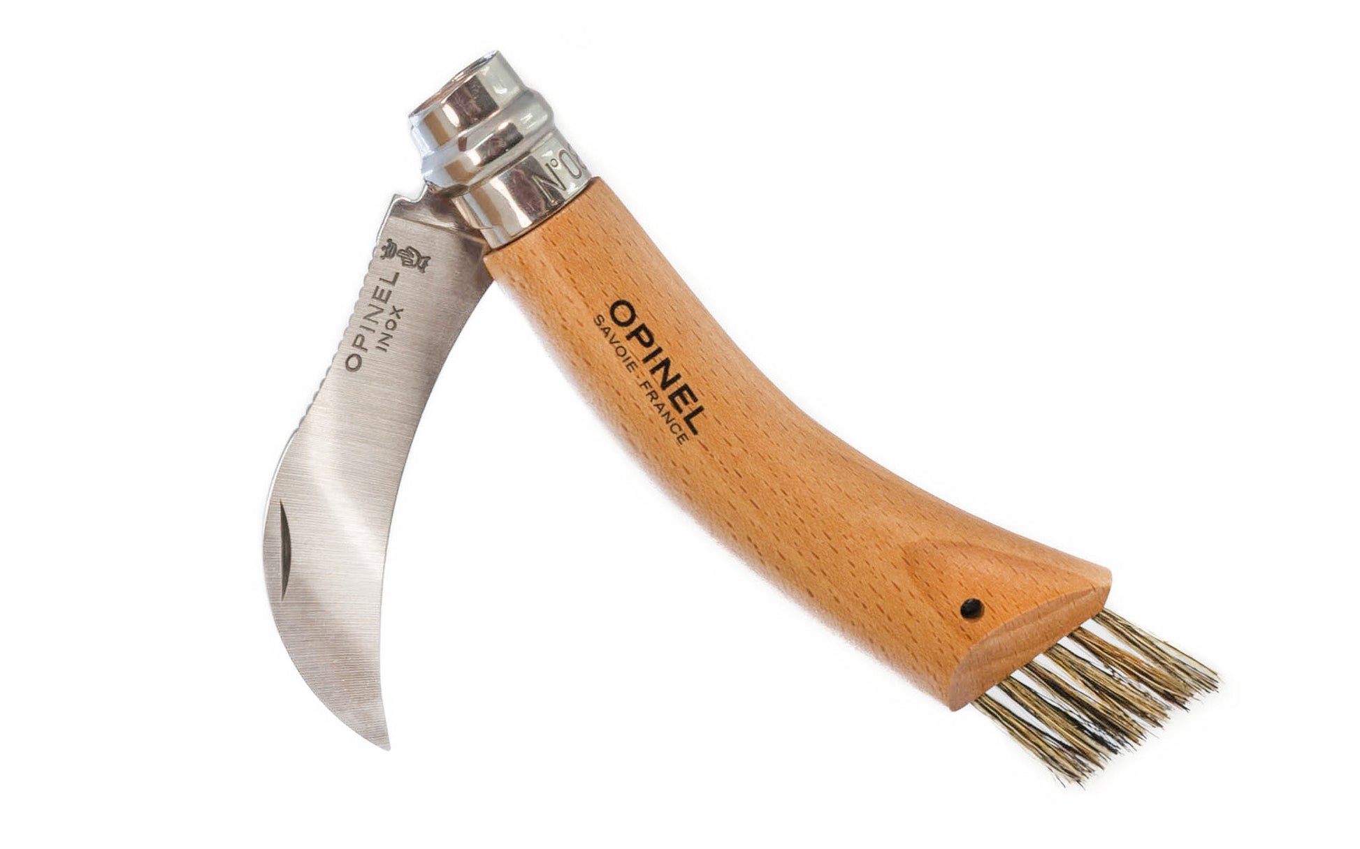 Made in France · Opinel Stainless Steel Mushroom Knife. 3" long foldable blade with stainless locking collar. Specially designed for harvesting & cleaning mushrooms. Made of 12c27 Sandvik stainless steel. Beechwood handle with Genuine Boar's hair brush. Couteau a Champignon No. 08.