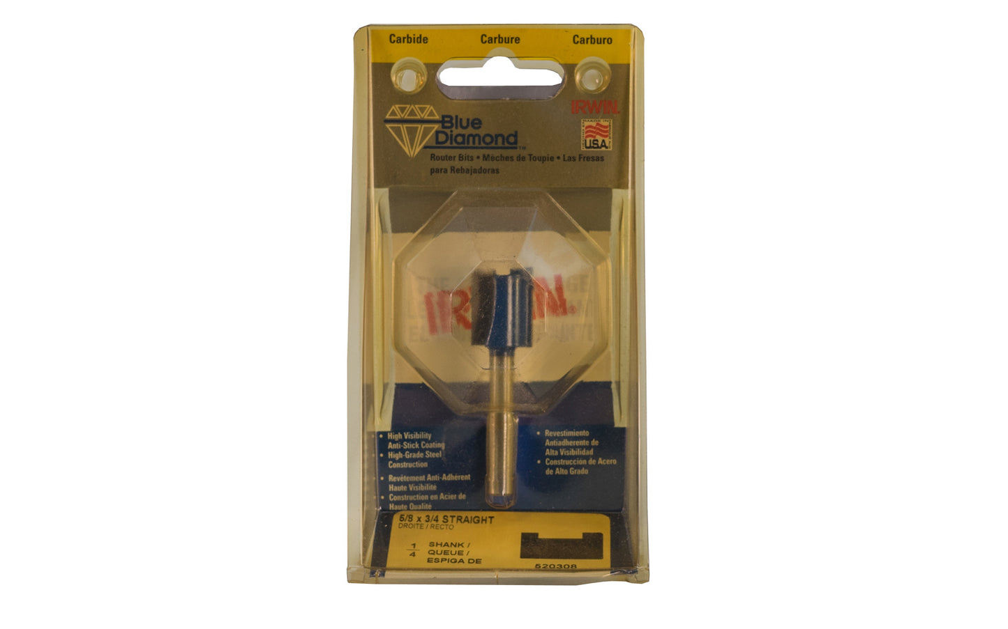 Irwin Carbide 5/8" x 3/4" Straight Router Bit - Made in USA. Carbide - High Grade Steel construction Router Bit. 3/4" depth. 2-3/8" overall length. 1/4" shank. Irwin Blue Diamond Model No. 520308. Made in USA.