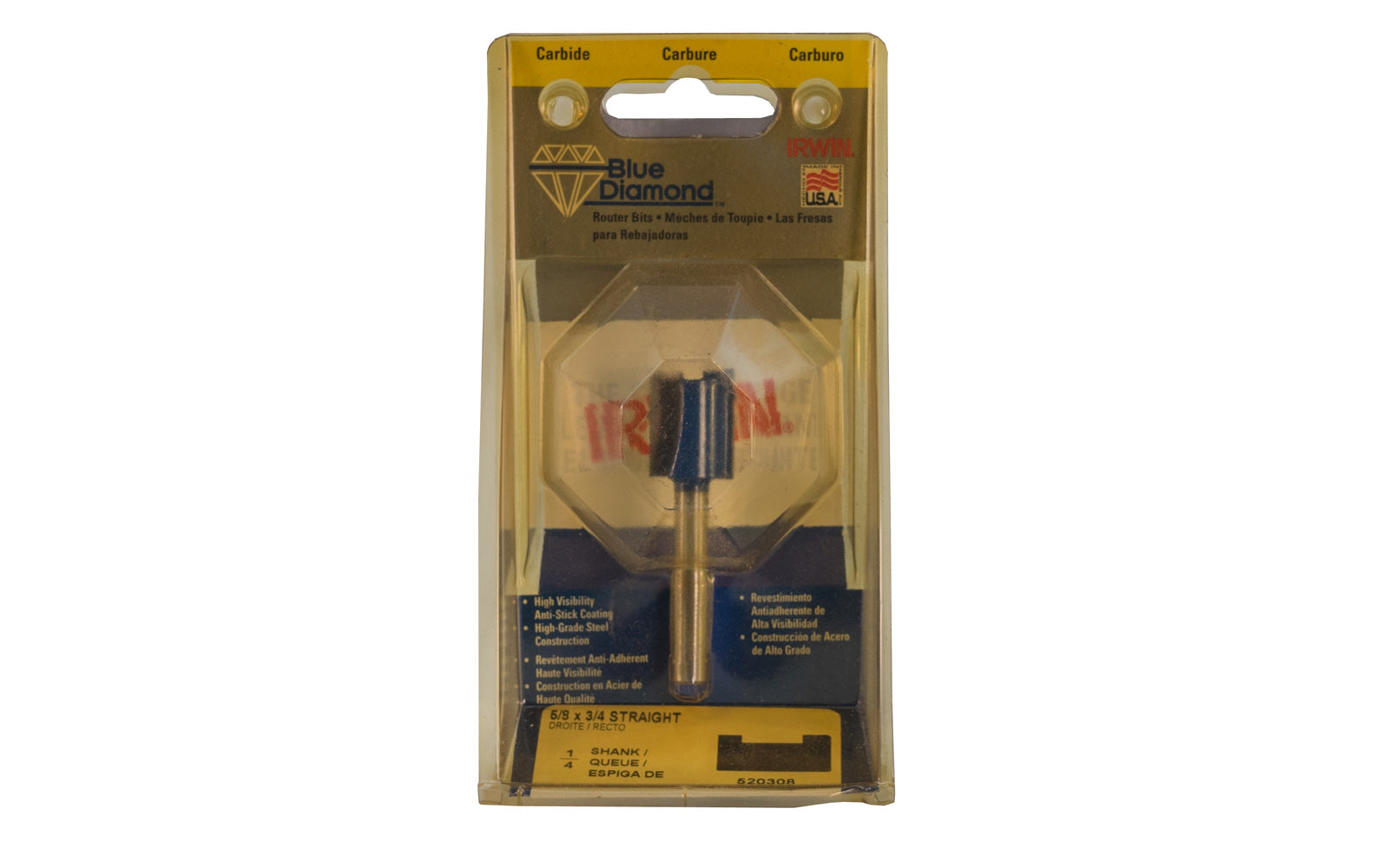 Irwin Carbide 5/8" x 3/4" Straight Router Bit - Made in USA. Carbide - High Grade Steel construction Router Bit. 3/4" depth. 2-3/8" overall length. 1/4" shank. Irwin Blue Diamond Model No. 520308. Made in USA.