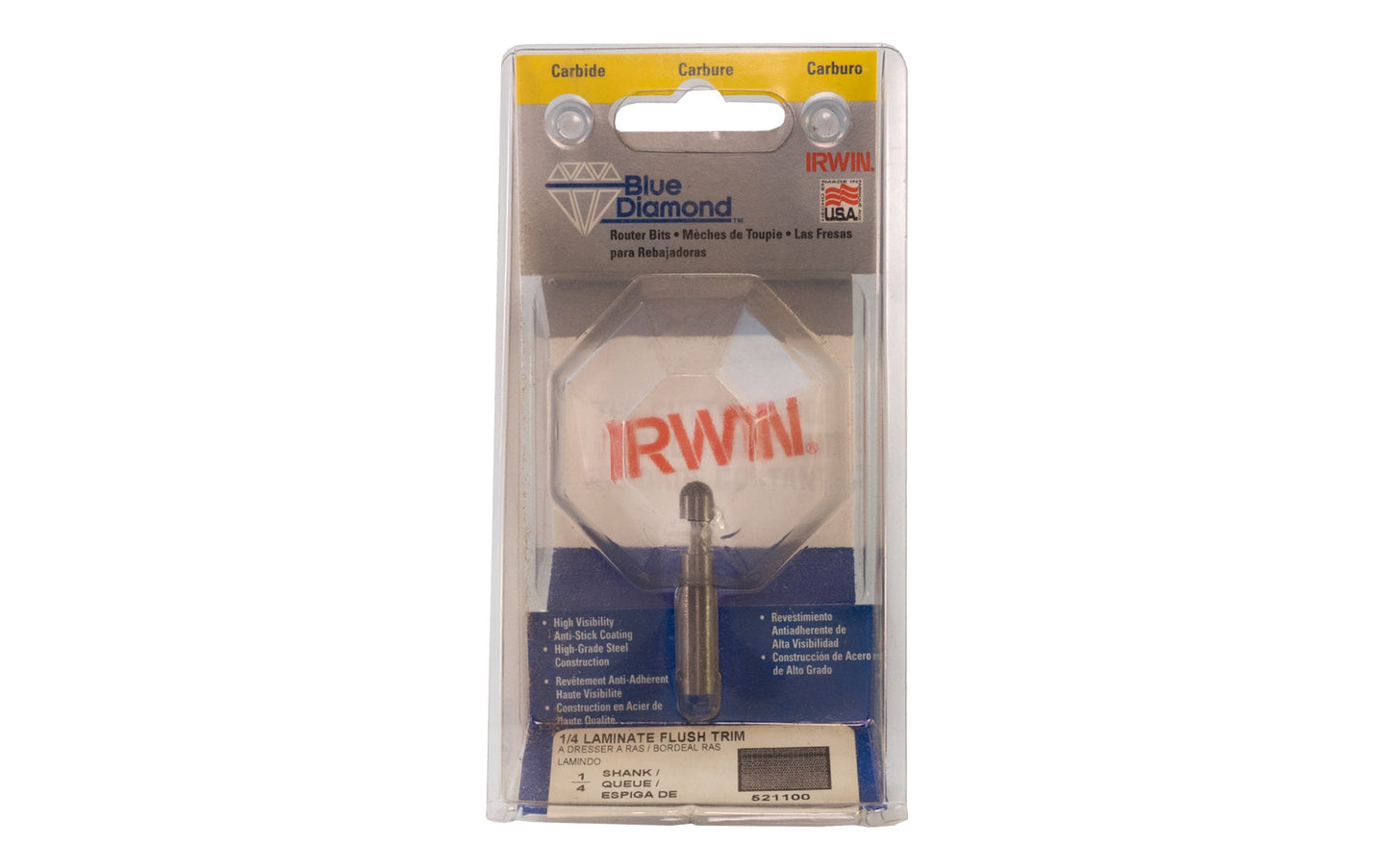 Irwin Carbide 1/4" Laminate Flush Trim Router Bit - Made in USA. Carbide - High Grade Steel construction Router Bit. 1/4" shank. Irwin Blue Diamond Model No. 521100. Made in USA.
