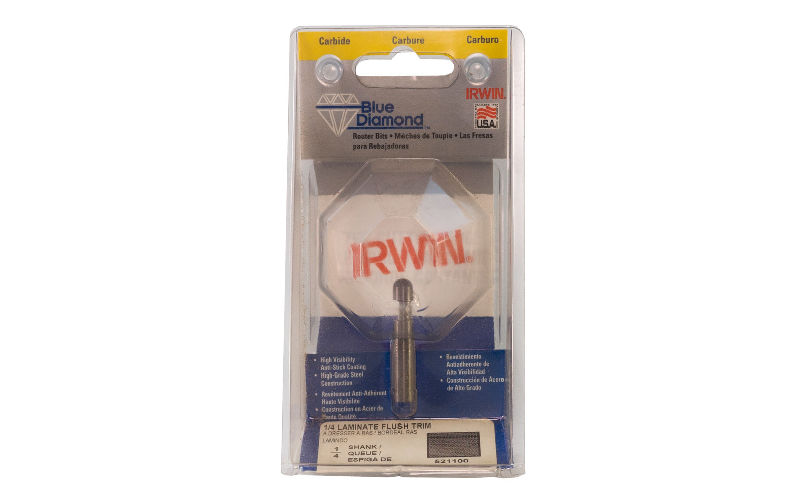 Irwin Carbide 1/4" Laminate Flush Trim Router Bit - Made in USA. Carbide - High Grade Steel construction Router Bit. 1/4" shank. Irwin Blue Diamond Model No. 521100. Made in USA.