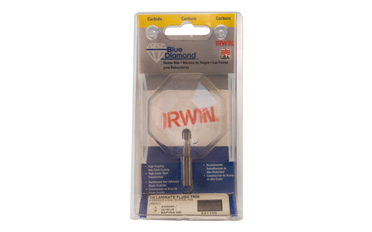 Irwin Carbide 1/4" Laminate Flush Trim Router Bit - Made in USA. Carbide - High Grade Steel construction Router Bit. 1/4" shank. Irwin Blue Diamond Model No. 521100. Made in USA.