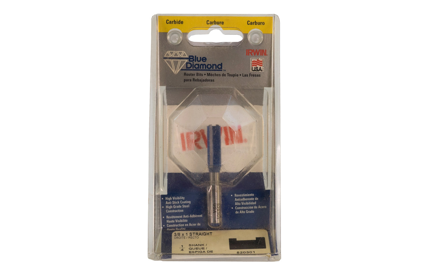 Irwin Carbide 3/8" x 1" Straight Router Bit - Made in USA. Carbide - High Grade Steel construction Router Bit. 1" depth. 2-1/4" overall length. 1/4" shank. Irwin Blue Diamond Model No. 520301. Made in USA.
