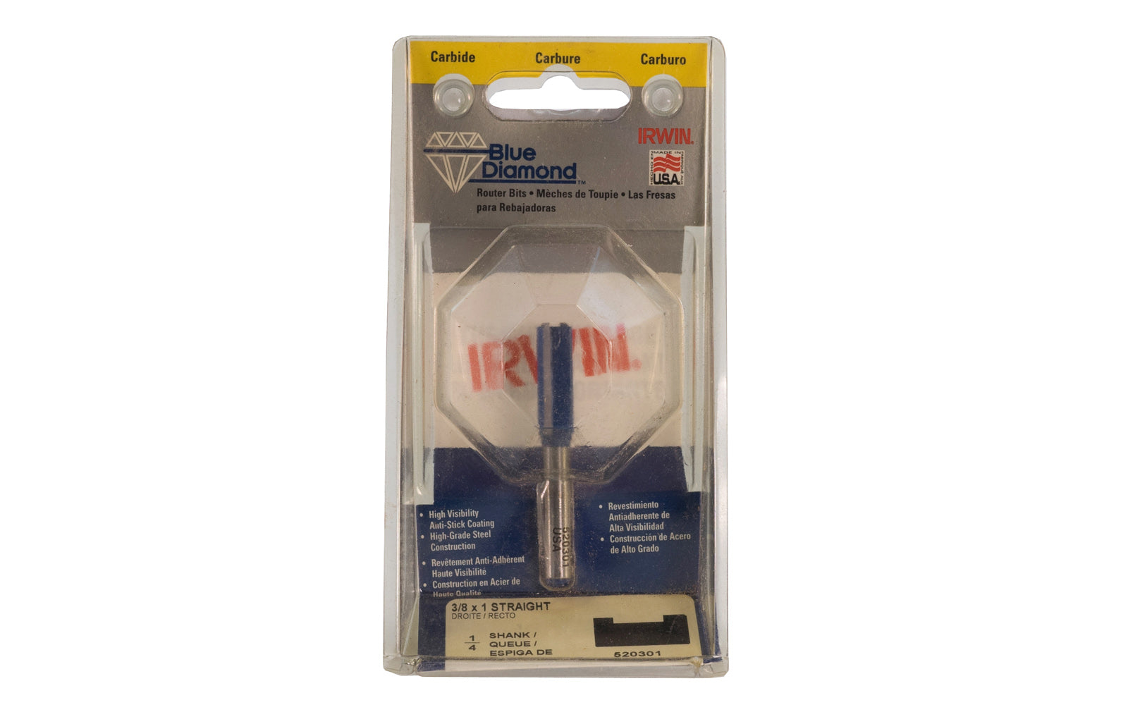 Irwin Carbide 3/8" x 1" Straight Router Bit - Made in USA. Carbide - High Grade Steel construction Router Bit. 1" depth. 2-1/4" overall length. 1/4" shank. Irwin Blue Diamond Model No. 520301. Made in USA.
