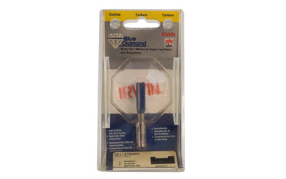 Irwin Carbide 3/8" x 1" Straight Router Bit - Made in USA. Carbide - High Grade Steel construction Router Bit. 1" depth. 2-1/4" overall length. 1/4" shank. Irwin Blue Diamond Model No. 520301. Made in USA.