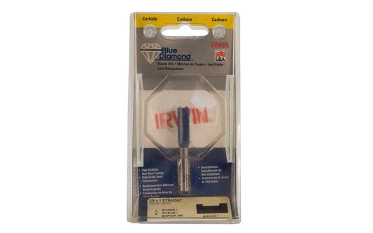 Irwin Carbide 3/8" x 1" Straight Router Bit - Made in USA. Carbide - High Grade Steel construction Router Bit. 1" depth. 2-1/4" overall length. 1/4" shank. Irwin Blue Diamond Model No. 520301. Made in USA.