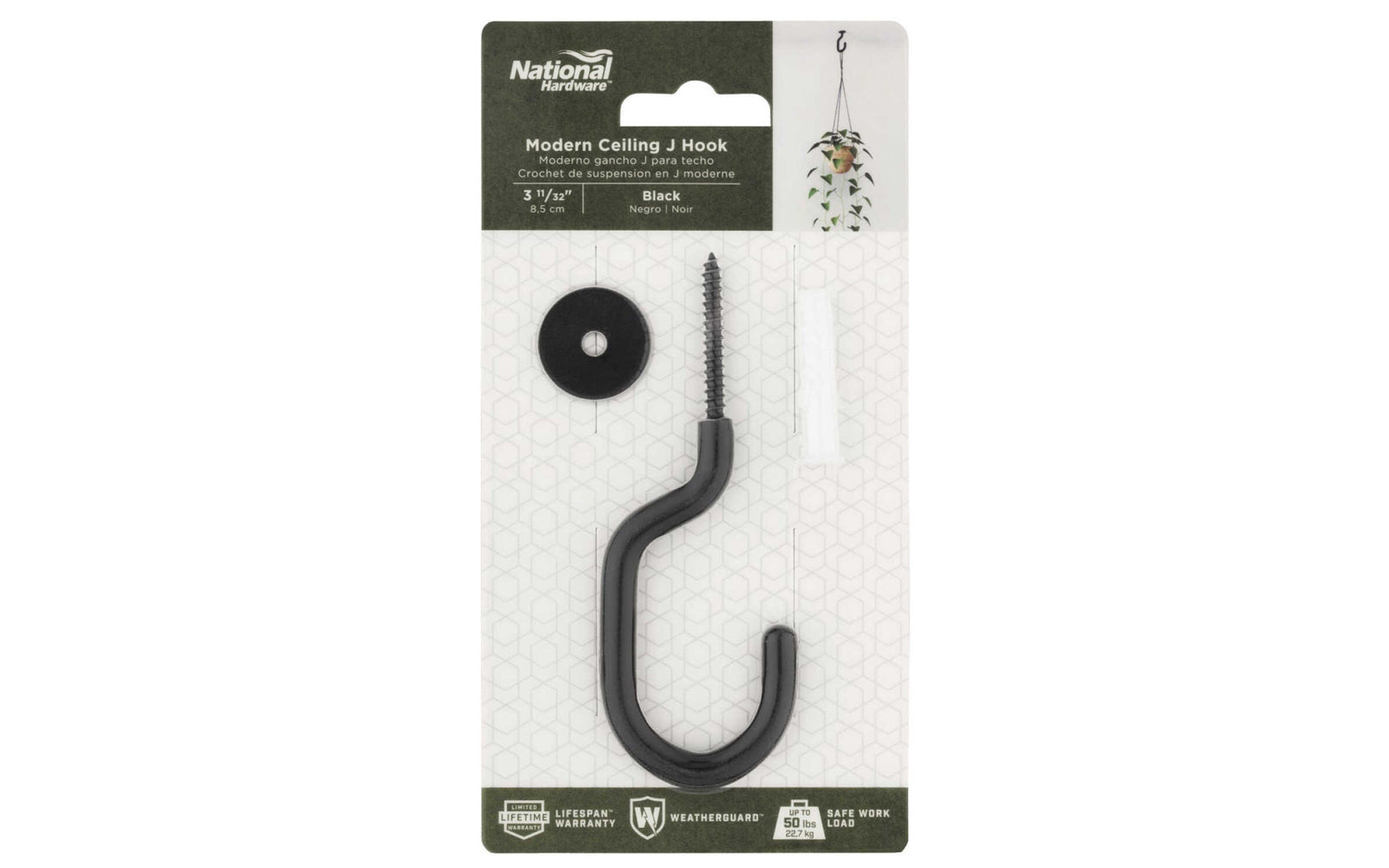 Black Finish Modern Ceiling J-Hook. Designed for interior use of hanging plants & planter pots. Sold as a single hook. Includes plastic anchor & washer. National Hardware model N275-523.