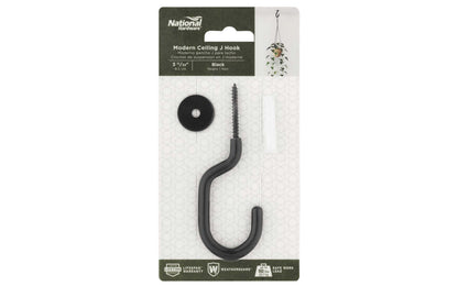 Black Finish Modern Ceiling J-Hook. Designed for interior use of hanging plants & planter pots. Sold as a single hook. Includes plastic anchor & washer. National Hardware model N275-523.