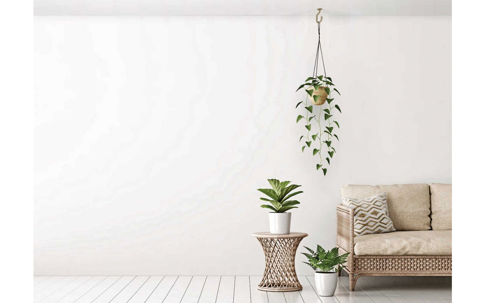 Brushed Gold (Brushed Brass) Modern Ceiling J-Hook. Designed for interior use of hanging plants & planter pots. Sold as a single hook. Includes plastic anchor & washer. National Hardware model N275-524.