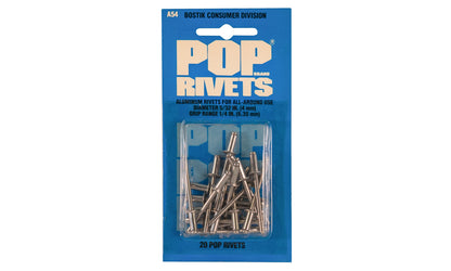 POP Rivets 5/32" x 1/4" Aluminum Rivets - 20 Pack. Model A54. Aluminum Rivets produce a strong & tamper-proof joint. For joining sheet metal, aluminum, fabrics, plastics, & leather. Use on metal cabinets, aluminum doors, & windows, metal fixtures, automobiles, heating ducts, gutters, & downspouts. Made in USA.